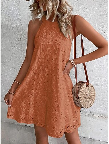  Damen Minikleid Weißes Kleid Spitzenkleid Freizeitkleid Boho-Kleid Lässig Urlaub Täglich Lässiger Schnitt Einfach Ärmellos Neckholder Schwarz Weiß Orange Grün Sommer Frühling