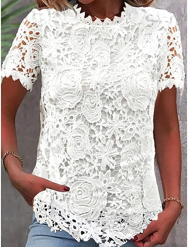  Γυναικεία Δαντελένιο πουκάμισο Δαντέλα Καθημερινά Διακοπές Εξόδου Κομψό Βοημία Κοντομάνικο Στρογγυλή Ψηλή Λαιμόκοψη Λευκό Καλοκαίρι