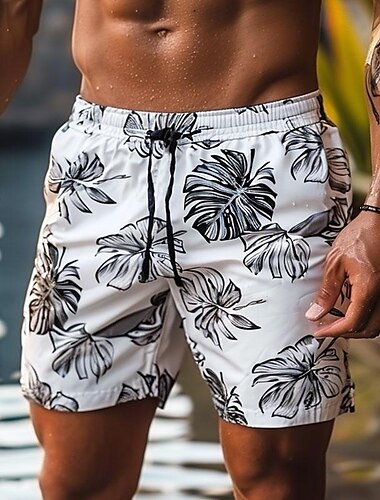  pantaloncini da surf da uomo stampati a foglia pantaloncini hawaiani costume da bagno pantaloncini estivi pantaloncini da spiaggia coulisse con fodera in rete elastico in vita foglia casual