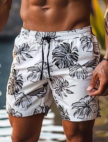  Boardshorts mit Blattmuster für Herren, hawaiianische Shorts, Badehose, Sommershorts, Strandshorts, Kordelzug mit Netzfutter, elastische Taille, lässige Alltagskleidung für den Urlaub