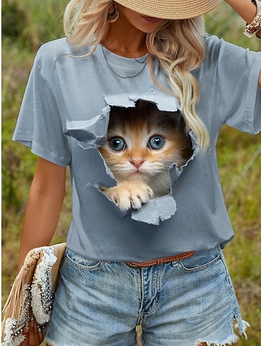  Dame T-shirt Dyr Daglig Weekend Trykt mønster Blå Kortærmet Mode Rund hals 3D cat Sommer