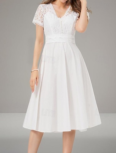  Dame Blonder Patchwork Vintage kjole Midikjole Elegant Vanlig V-hals Kortærmet Hvid