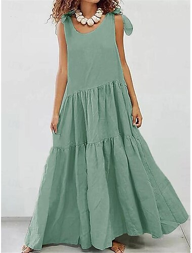  Damen Weißes Kleid Maxidress Rüschensaum Urlaub Brautkleider schlicht Rundhalsausschnitt Ärmellos Schwarz Weiß Himmelblau Farbe