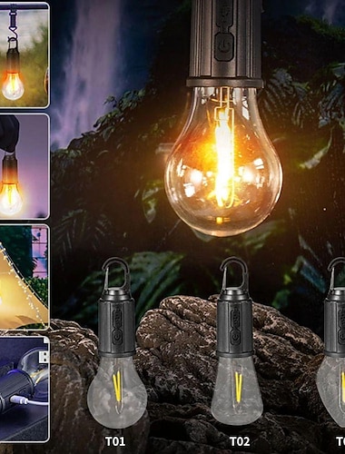  מנורת קמפינג ניידת led מנורת קמפינג עם וו פנס נייד טעינה מסוג C טעינה עמידה למים לטיולים דייג