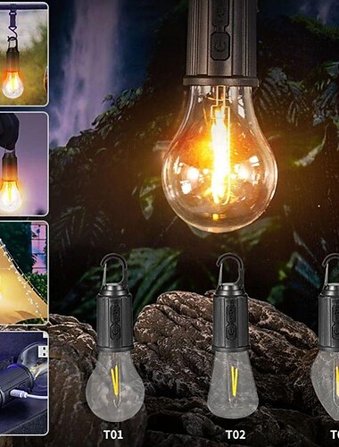  Portable Camping Light LED Camping Lamp with Hook Portable Lantern Type-C Charging Waterproof for Hiking Fishing