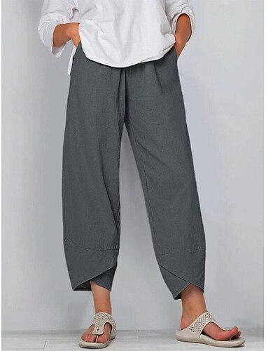  Women's Pants Trousers Linen Cotton Blend Side Pockets Ankle-Length Black Spring & Summer