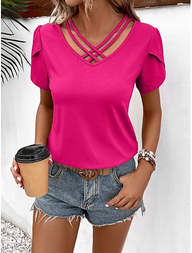  Women's Tunic Dressy Tops Plain Fashion Short Sleeve V Neck Regular Tops Vacation Daily Lace Pink Fuchsia Khaki Summer