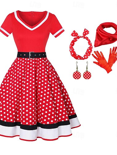  50er Jahre Outfit Schlagkleid Gürtel 7-tlg 50er Jahre Accessoires Set Retro Vintage Swing Kleid Damen Cosplay Kostüm Party Date Festival