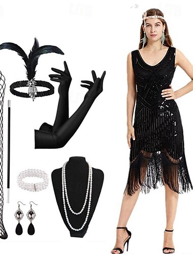  Εμπνευσμένο από Βίντατζ Το Great Gatsby Κοστούμι πάρτι Αμάνικο Το Great Gatsby Καλεσμένος γάμου Πούλιες Φούντα Πούλια Φούντα Λαιμόκοψη V Γυναικεία Απόκριες Καθημερινά Πάρτι / Κοκτέιλ Δεξίωση Γάμου
