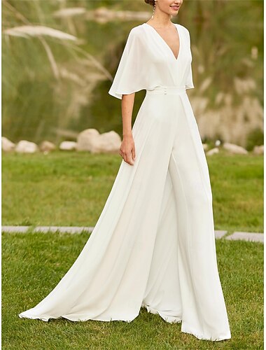 Φορεματα για γαμο Ντε Πιες Ώμοι Έξω Λαιμόκοψη V Μισό μανίκι Ουρά μέτριου μήκους Σιφόν Νυφικά φορέματα Με Πλισέ Πιασίματα 2024