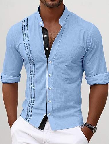  Herren Hemd leinenhemd Guayabera Hemd Hemd mit Stehkragen Sommerhemd Strandbekleidung Casual Täglich Schwarz Weiß Rosa Blau Langarm Stehkragen Frühling Sommer Bekleidung Bestickt