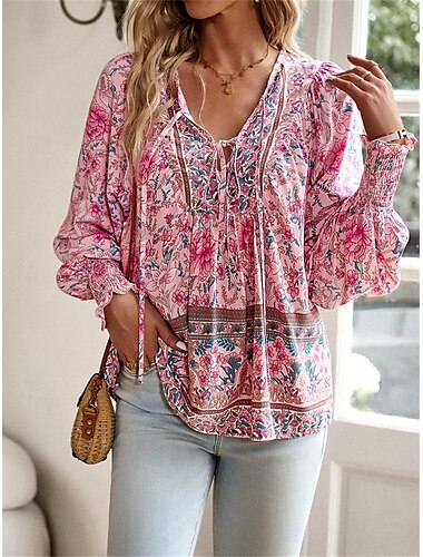  damskjorta blus ledig boho blommigt spetstryck långärmade vanliga toppar v-ringad semester strand rosa marinblå blå orange sommar