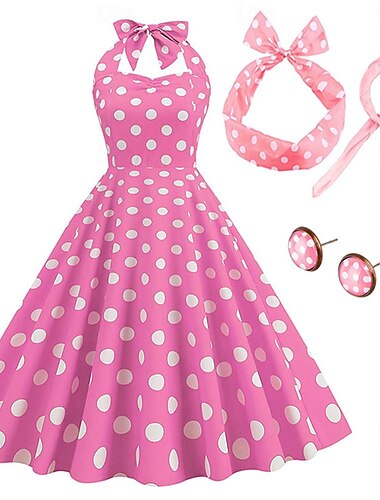  Vestido rockabilly de línea A para mujer, vestido de lunares halter swing, vestido acampanado con accesorios, conjunto retro vintage de los años 50 y 60 con diadema, bufanda, pendientes, gafas de ojo