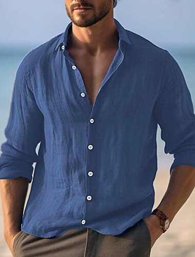  Herren Hemd leinenhemd Sommerhemd Strandbekleidung Knopfhemd Glatt Urlaub Curise Gelb Marineblau Langarm Umlegekragen Frühling Sommer Bekleidung