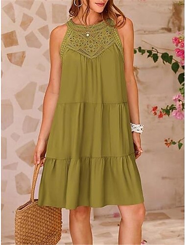  Damen Minikleid Weißes Kleid Spitzenkleid Boho-Kleid Lässig Urlaub Straße Normale Passform Ärmellos Rundhalsausschnitt Schwarz Weiß Rote Marineblau Sommer