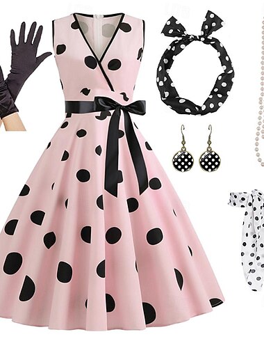  Damen-Rockabilly-Kleid in A-Linie, gepunktet, Swing-Kleid, ausgestelltes Kleid mit Zubehör-Set, 1950er-60er-Jahre, Retro-Vintage-Stil, mit Stirnband, Chiffon-Schal, Ohrringe, Katzenbrille,