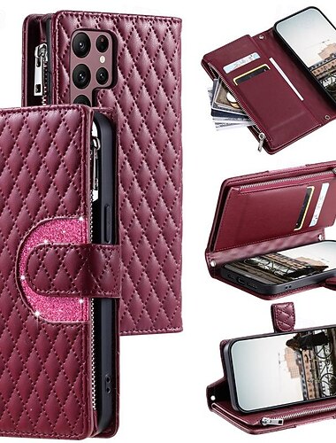  telefone Capinha Para Samsung Galaxy S25 S24 S23 S22 S21 FE S21 Ultra Plus A55 5G A35 5G A25 A15 Capa para Cartão Wallet Zíper com pulseira Pata de Apoio Estampa Geométrica TPU Couro PU