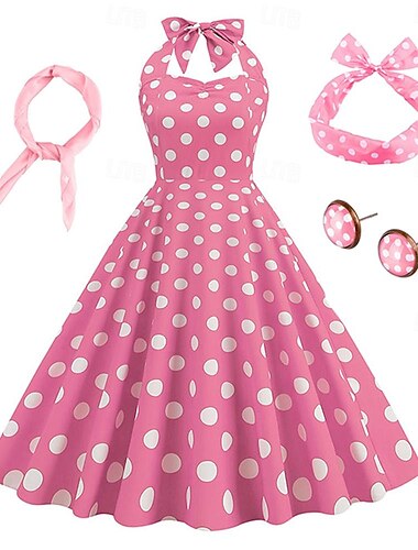  Damen-Rockabilly-Kleid in A-Linie, gepunktet, Neckholder, Swing-Kleid, ausgestelltes Kleid mit Accessoires, Set 1950er, 60er, Retro, Vintage, mit Stirnband, Chiffon-Schal, Ohrringe, Katzenbrille,