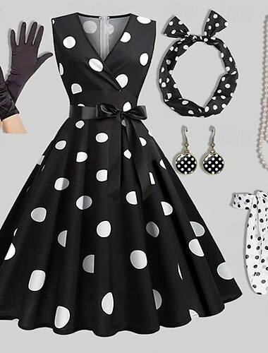  Vestido rockabilly de línea A para mujer, vestido oscilante de lunares, vestido acampanado con accesorios, conjunto retro vintage de los años 50 y 60 con diadema, bufanda de gasa, pendientes, gafas