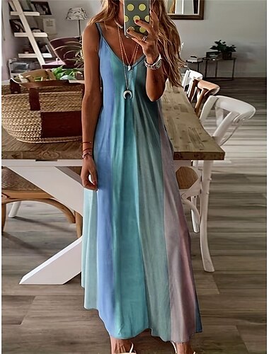  Maxikleid für Damen, ärmellos, Farbverlauf, pastellfarbener Regenbogen, Rundhalsausschnitt, fließend, Bohème-Stil, lässige Sommer-Strandmode, normale bis große Größe