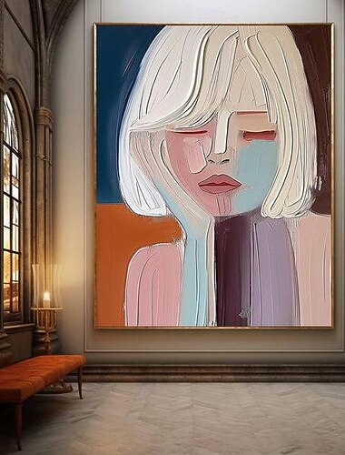  大きな手描きのかわいい女の子の絵画抽象的な手作りの壁アートカラフルな質感のかわいい女性の油絵美しい女の子のキャンバスアート女の子の絵画