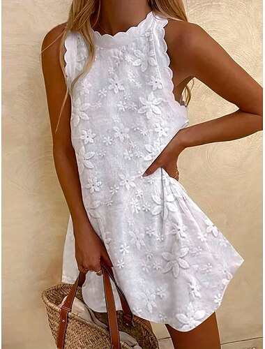  نسائي فستان دانتيل فستان قصير دانتيل بقع أناقة الشارع رقبة عالية مدورة أبيض اللون