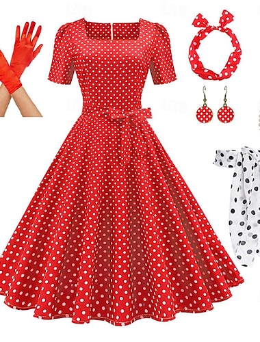  Retro Antiguo 1950s Rockabilly Enagua Vestido de una línea Tutu A Lunares Mujer Fiesta / Noche Mascarada Despedida de Soltera Adulto Vestido Guantes Pendientes Primavera verano