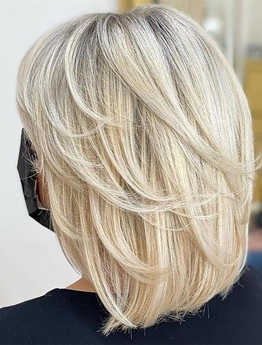  Wavy Layered Wigs with Curtain Bans for Women Short Platinum Blonde Highlights Curly Bob Wig Bleach Blonde Wavy Bob Wig with Bangs Synthetic Mixed Blonde Wig for Women