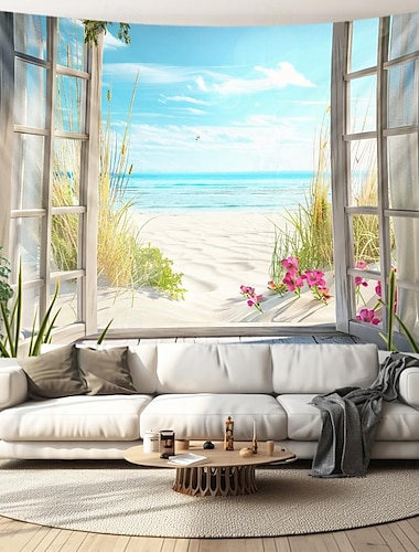  نافذة عرض الشاطئ، نسيج معلق، جدار فني كبير، نسيج جدارية، ديكور صورة خلفية، ستارة بطانية، غرفة نوم المنزل، غرفة المعيشة، ديكور المحيط، الصيف