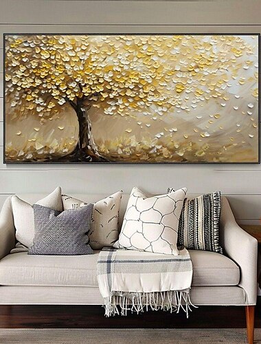  handgefertigtes Ölgemälde auf Leinwand, Wandkunst, Dekoration, goldene Baumlandschaft für die Inneneinrichtung, gerolltes, rahmenloses, ungedehntes Gemälde