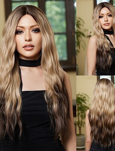  Synthetische Spitzeperücke Locken Stil 28 Zoll Braun Mittelteil 13 x 1 Spitzenfront Perücke Damen Perücke Hellbraun Sepia