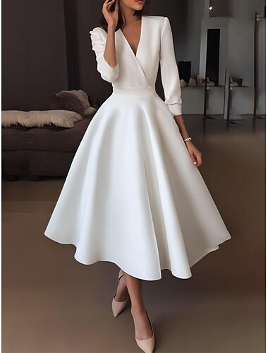  schlichte Brautkleider, kleines weißes Kleid, A-Linie, V-Ausschnitt, halbe Ärmel, wadenlange Satin-Brautkleider mit Drapierung 2024