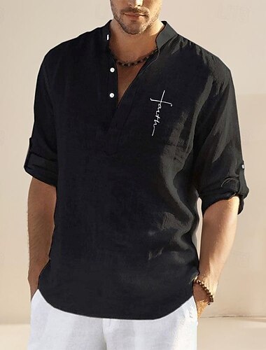  Herren Hemd leinenhemd Hemd mit chinesischem Kragen Hemd mit Stehkragen Popover-Shirt Lässiges Hemd Vertrauen Urlaub Hawaiianisch Schwarz Weiß Grün Grau Langarm Ständer Frühling & Herbst Bekleidung