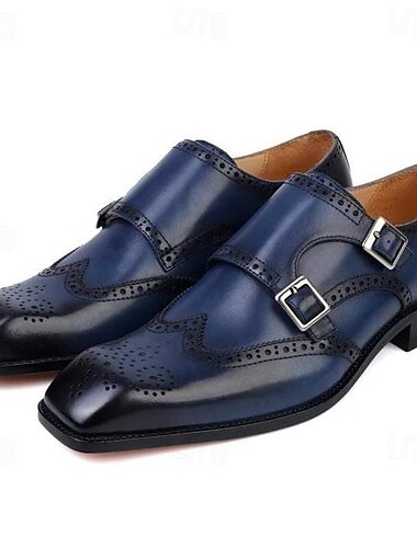  Heren marineblauwe monniksbandschoenen – imitatieleer met brogue-details, ontwerp met dubbele gesp, formele zakelijke schoenen en bruidsschoenen