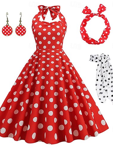  Vestido rockabilly de línea A para mujer, vestido de lunares halter swing, vestido acampanado con accesorios, conjunto retro vintage de los años 50 y 60 con diadema, bufanda de gasa, pendientes,
