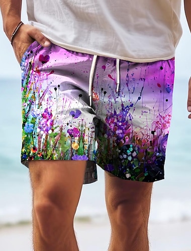  Herre Fargerik Blomst Badeshorts Surfeshorts Medium Midje Hawaiisk Fritid Ferie Strand Snorer med mesh fôr Elastisk midje Designer Klær