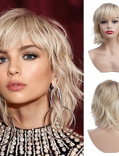  Womens Short Blonde Wig Short Ash Blonde Bob Wavy Wig with Bangs Synthetic Hair Cosplay Wig for Women Girls 9 inch