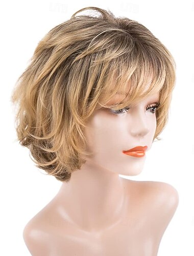  lockige Spitzenperücke für Damen, kurze lockige Perücken mit Pony, gelbbraun, gemischte blonde Pixie-Cut-Perücke für Damen, glatte Perücken aus Kunstfaser, gewellte Perücke
