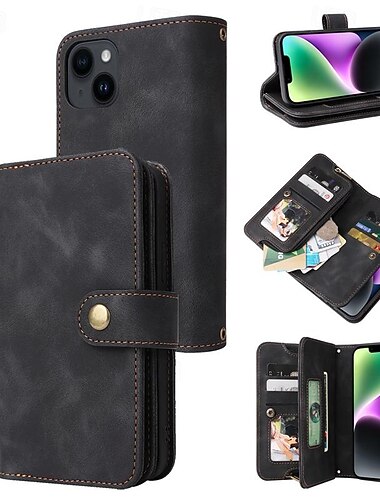  telefon Carcasă Pro iPhone 15 14 Pro Max Plus 13 12 11 Pro Max Mini Pouzdro na peněženku Zip Ochrana celého těla s poutkem na zápěstí Retro TPU PU kůže
