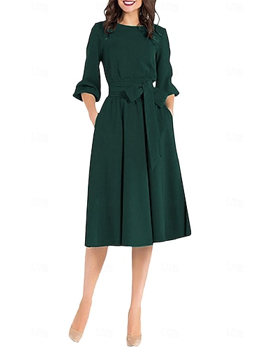  نسائي مطوي بقع فستان قديم فستان ميدي أنيق سهل كرونيك 3/4 الكم مناسب للبس اليومي مواعدة بني أخضر