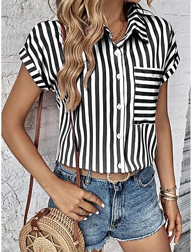  Damen Hemd Bluse stylisch modern gestreift Knöpfe Print Kurzarm normal Oberteile Hemdkragen Urlaub Alltag schwarz rosa rot blau hellblau Sommer