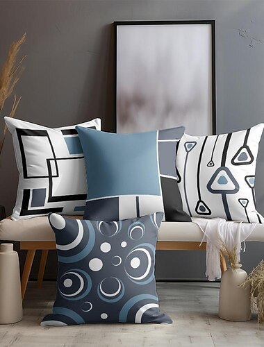  Dekorativer blauer geometrischer Kissenbezug, 4-tlg., weicher quadratischer Kissenbezug für Schlafzimmer, Wohnzimmer, Sofa, Couch, Stuhl