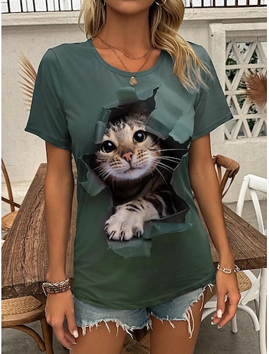  女性用 Tシャツ 3D cat 動物 プリント 日常 週末 ファッション 半袖 ラウンドネック グリーン 夏