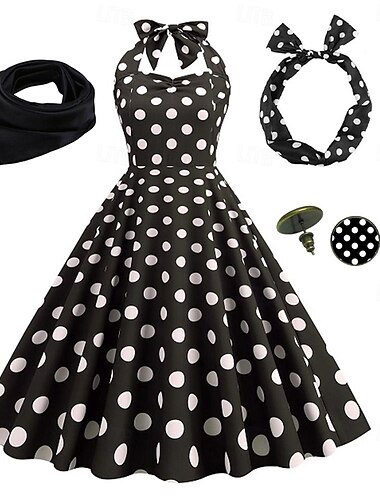  Damen-Rockabilly-Kleid in A-Linie, gepunktet, Neckholder, Swing-Kleid, ausgestelltes Kleid mit Zubehör-Set, 1950er-60er-Jahre, Retro-Vintage-Stil, mit Stirnband, Schal, Ohrringen, Katzenbrille, 5