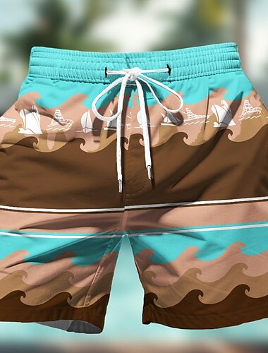  Herren Streifen Geometrisches Muster Bunt Badeshorts Boardshorts Badehosen Mittlere Taille Hawaiianisch Lässig Ferien Strand Kordelzug mit Mesh-Futter Elastischer Bund Designer Bekleidung