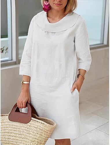  Women's Light Blue White Wine Summer Spring Fall Midi Dress Cotton Linen Dresses Casual Dress Cotton Summer Dress Basic Classic Casual Outdoor Vacation Daily Loose Fit Plain Cowl Neck