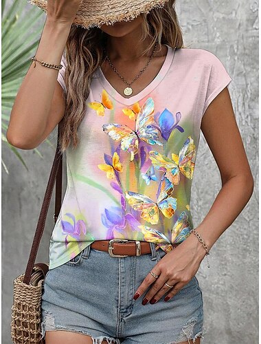  Damen Cami Tanktop Elegant Blumenmuster Kurzarm Reguläre Tops V-Ausschnitt Täglich Lila Sommer