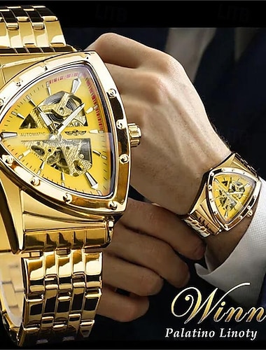  Reloj automático con esqueleto de triángulo ganador, reloj de pulsera mecánico de triángulo irregular informal de negocios para hombre de acero inoxidable, reloj masculino de estilo punk dorado