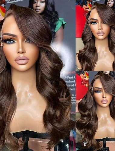  Peluca Cabello humano remy Cierre 4x13 Cabello Brasileño Ondulado Marrón Parte lateral Mujer Densidad 130% 150% con pelo de bebe 100% Virgen Sin cola Pre-arrancado Larga A1 Pelucas de Cabello Natural