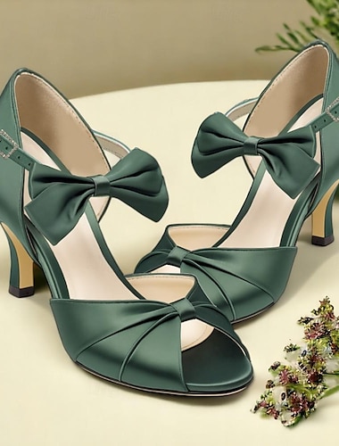  sandales à talons hauts en satin vert à bout ouvert avec détail nœud pour femmes - chaussures de mariage ou de soirée élégantes